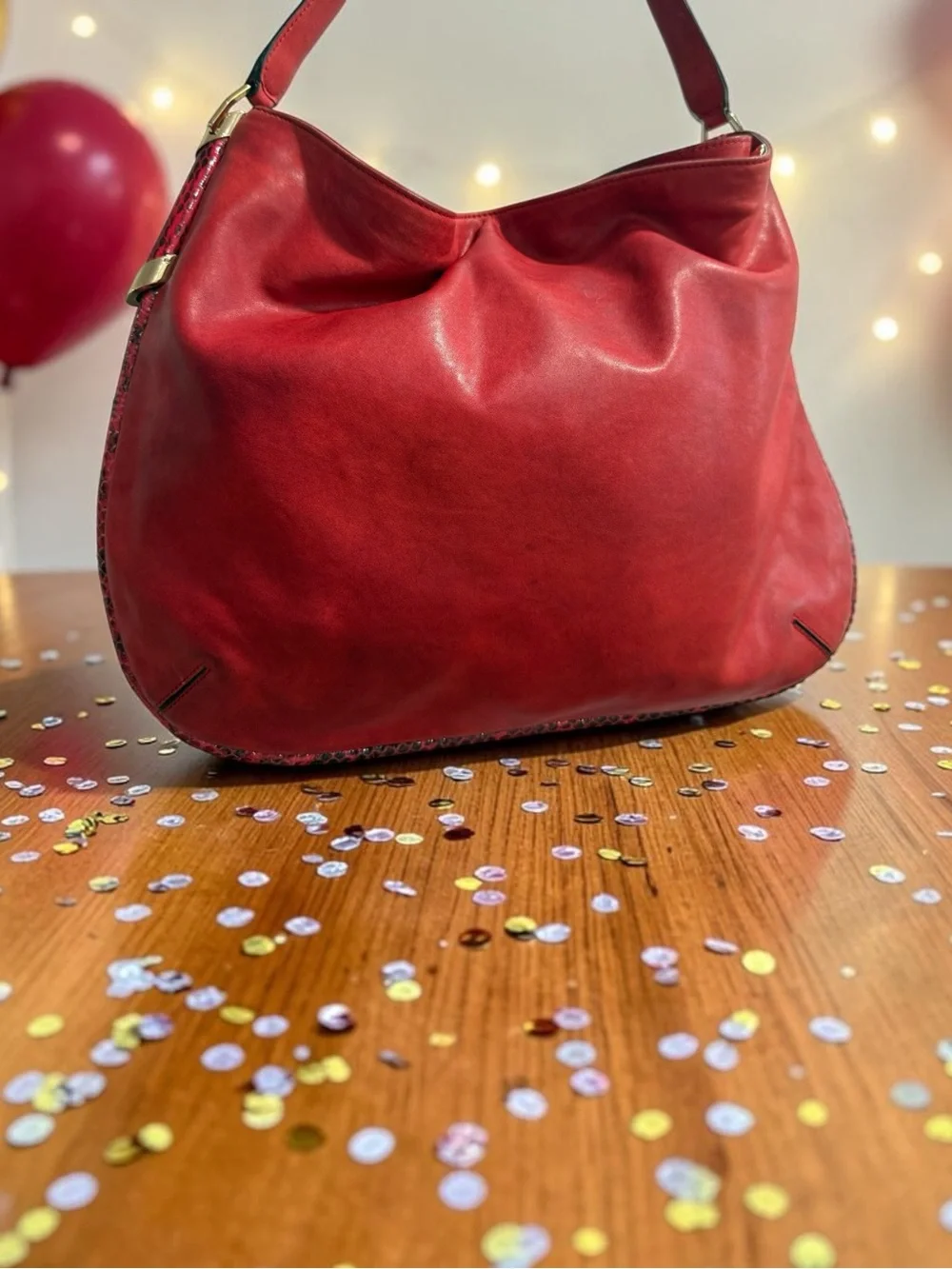 Jimmy Choo Solar Hobo Red Leather Exotic Snakeskin Trim Made Italy